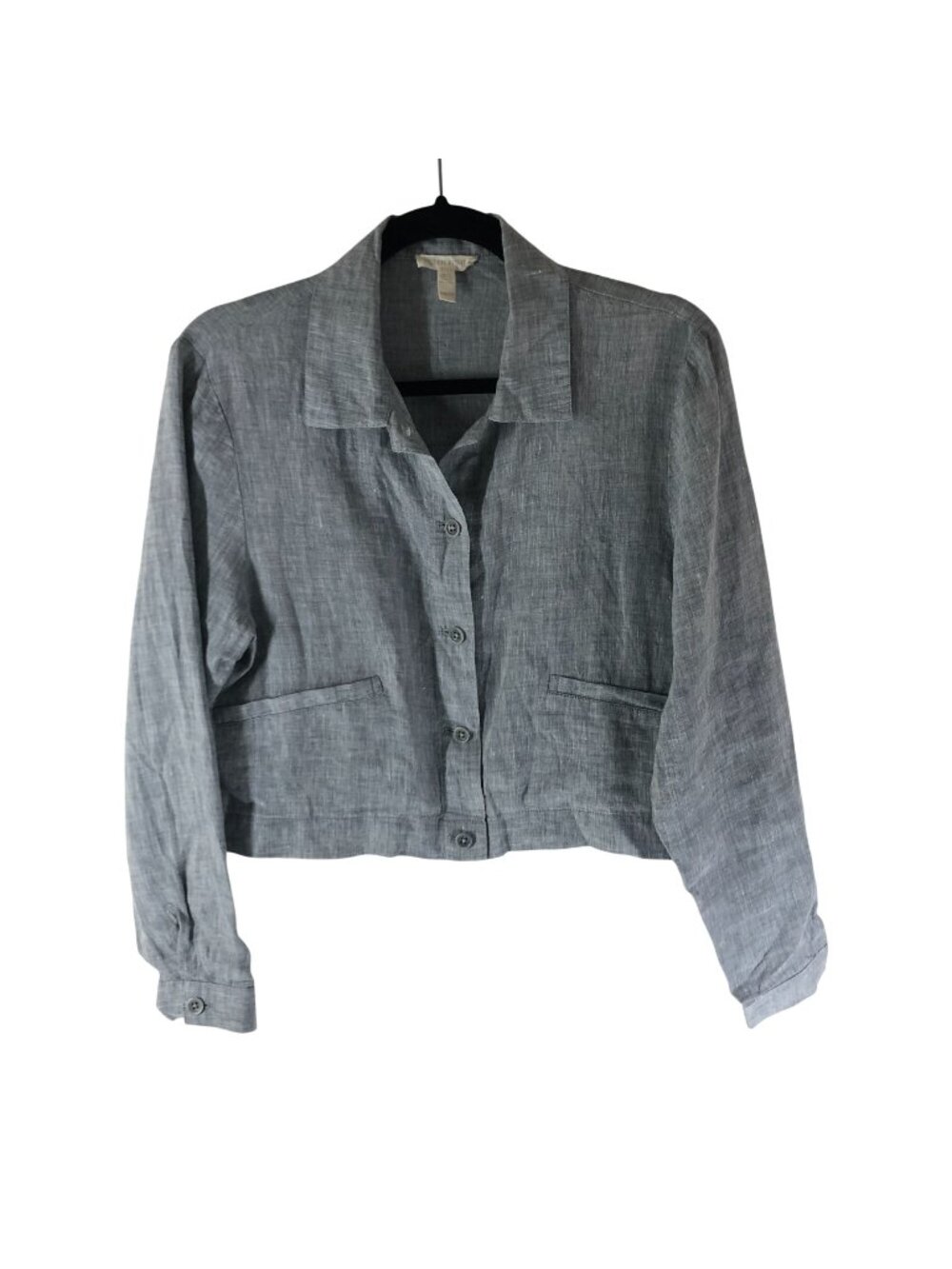 Eileen Fisher Womens Button-Up Top Boxy Cropped XXS Organic Linen Blue Oversized